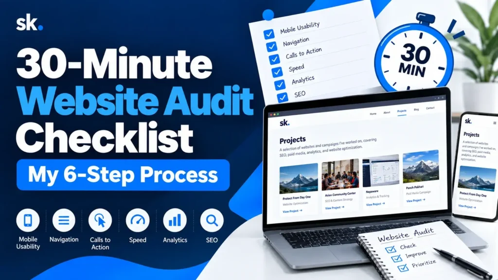 30-minute website audit checklist covering mobile usability, navigation, calls to action, speed, analytics, and SEO