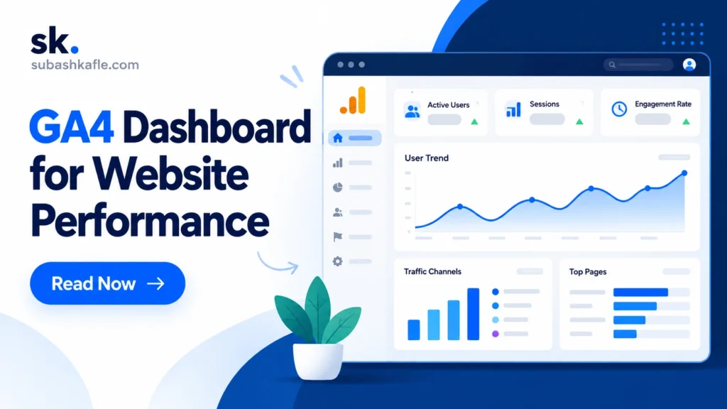 GA4 dashboard for website performance showing active users, sessions, engagement rate, traffic channels, and top pages.
