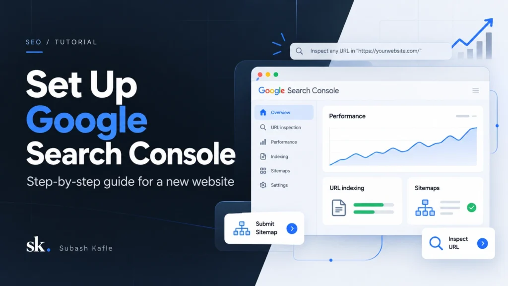 Google Search Console setup guide for a new website, covering URL inspection, sitemap submission, and search performance.