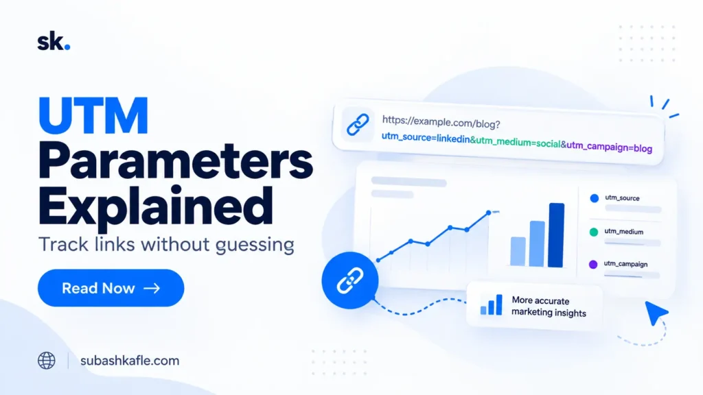 UTM parameters explained with tracking link examples, source, medium, campaign tags, and an analytics dashboard illustration.